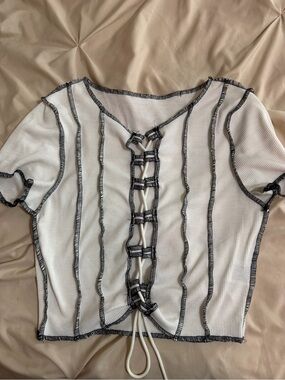 Women’s White Ribbed Lace-Up Crop Top with Black Contrast Trim